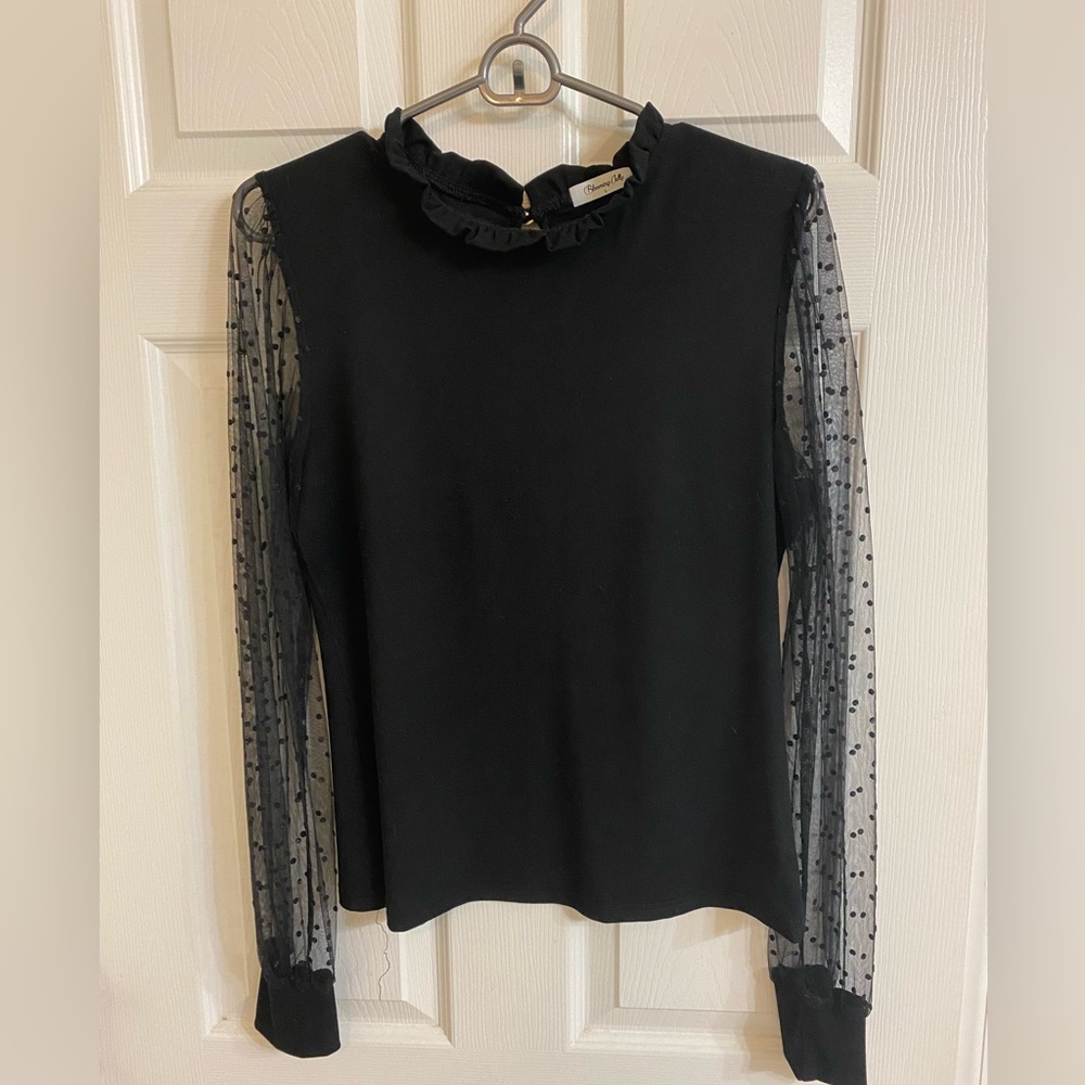 Black Shirt with Ruffle Collar and Polka Dot Sheer Sleeves